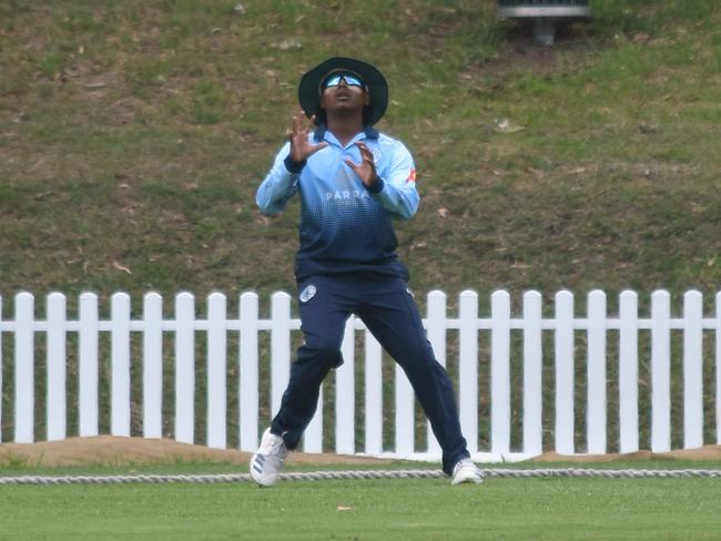 Pressure catch: Jayden Paskaranathan camps under a highball from the bat of Archie O’Hara. Picture: Sean Teuma