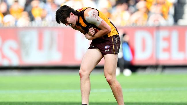 Hawthorn star Will Day is racing the clock for the Western Bulldogs’ elimination final after dislocating the SC joint near his collarbone two weeks ago. Picture: Josh Chadwick / Getty Images