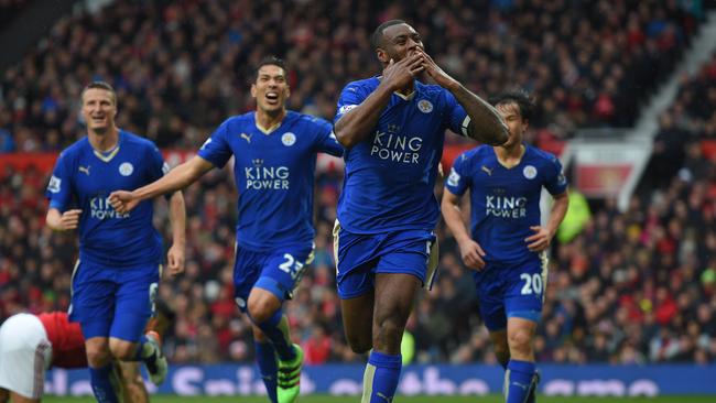 MANCHESTER, ENGLAND - MAY 01: Wes Morgan of Leicester City celebrates scoring his team's opening goal with team mates during the Barclays Premier League match between Manchester United and Leicester City at Old Trafford on May 1, 2016 in Manchester, England. (Photo by Michael Regan/Getty Images)
