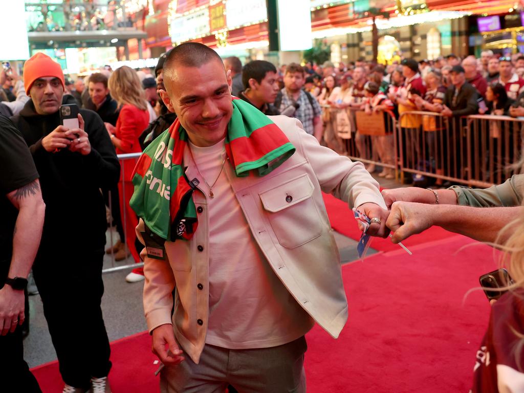 Tim Tszyu, the World Boxing Organisation light-middleweight champion, greets fans during the NRL season launch at Fremont Street Experience. Picture: Getty Images