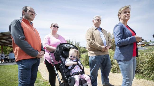 Brighton Mayor Leigh Gray Community advocate for Greenpoint Medical Services Melissa Tyrrell with her daughter Baylee 2, Brian Mitchell MP and Jen Butler MP at Bridgewater. Picture: Chris Kidd