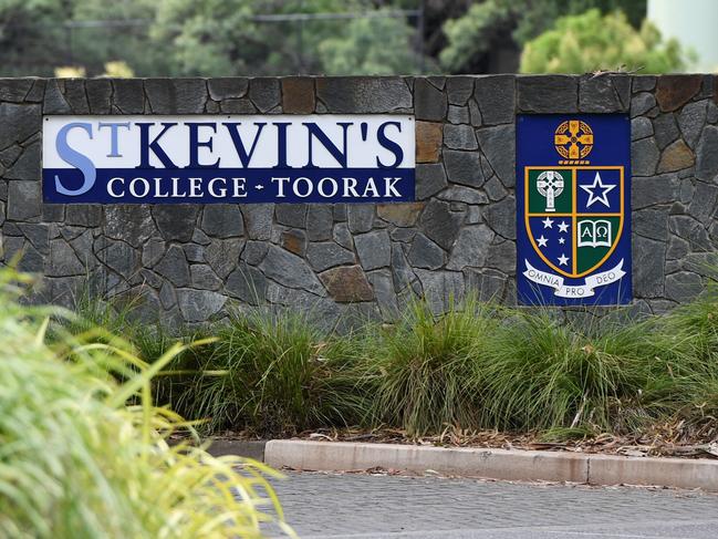 Signage is seen at St Kevin's College in Toorak, Melbourne, Thursday, February 20, 2020. Court action by a teacher has put more pressure on St Kevin's College in Melbourne after the school's headmaster resigned following a child-grooming scandal. (AAP Image/Erik Anderson) NO ARCHIVING