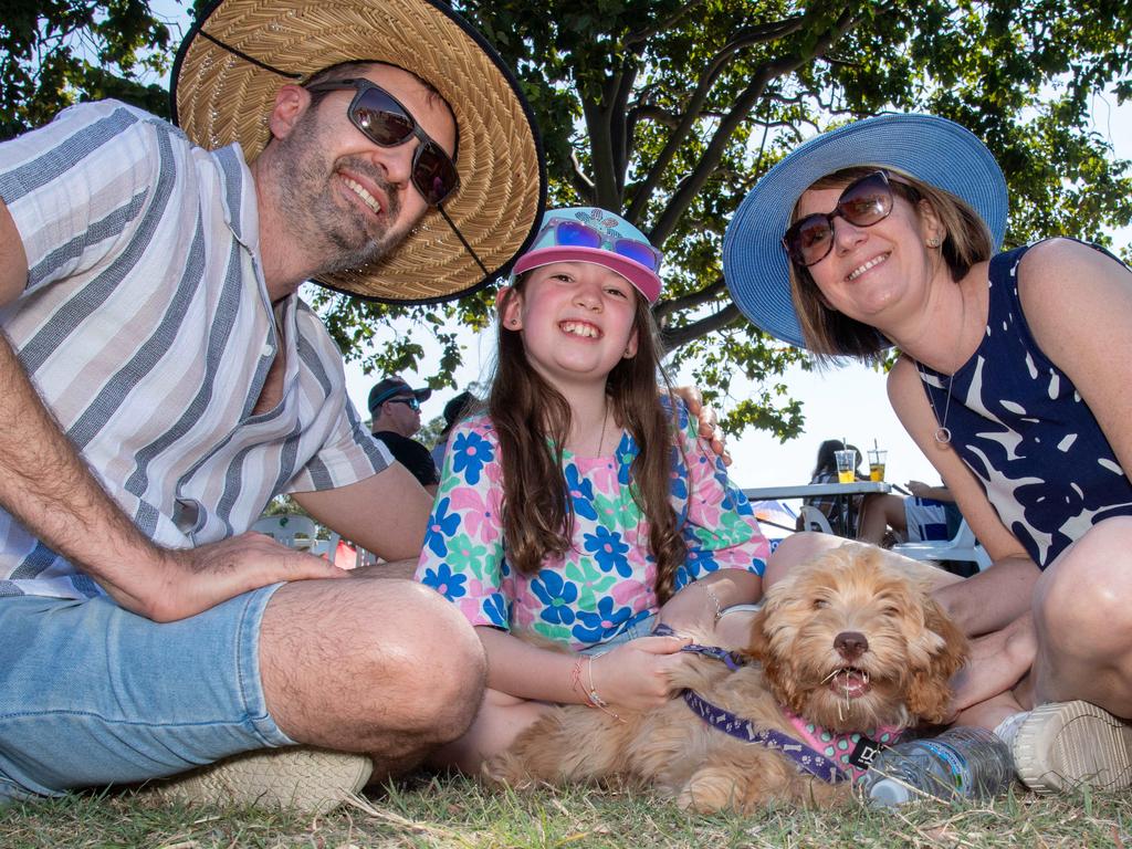 (From left) Bradley, Evie and Tanya Searle with Winnie at the Murphys Creek Chilli and Craft carnival. Sunday, September 22, 2024. Picture: Nev Madsen