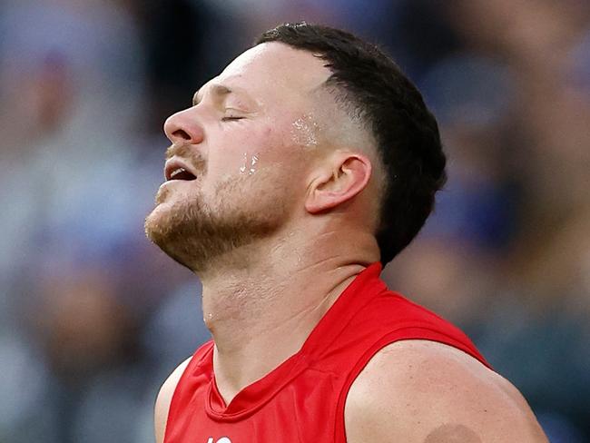 MELBOURNE, AUSTRALIA - JUNE 10: Steven May of the Demons looks on during the 2024 AFL Round 13 match between the Collingwood Magpies and the Melbourne Demons at The Melbourne Cricket Ground on June 10, 2024 in Melbourne, Australia. (Photo by Michael Willson/AFL Photos via Getty Images)