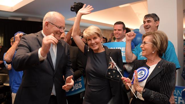 PERTH, AUSTRALIA - MAY 13: Prime Minister Scott Morrison meets with former deputy Prime Minister Julie Bishop at a Liberal Party Rally in the seat of Swan during campaigning for the federal elections on May 13, 2019 in Perth, Australia. The Coalition announced they will invest $600,000 in upgrading the facilities for the National Women's program. The Australian federal election will be held on May 18, 2019. (Photo by Tracey Nearmy/Getty Images)