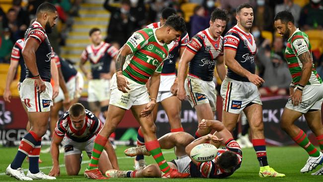 Latrell launches the ball at the turf and screams at Baker. Picture: NRL Photos