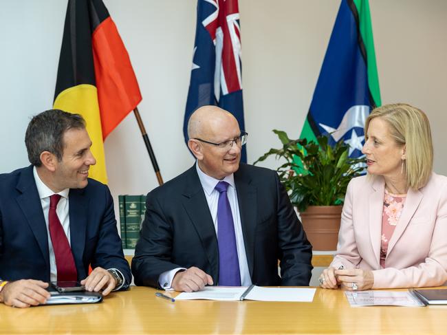 Federal Member for Blair Shayne Neumann talks about Budget commitments for his electorate with Treasurer Jim Chalmers and Finance Minister Katy Gallagher. Picture: Supplied.