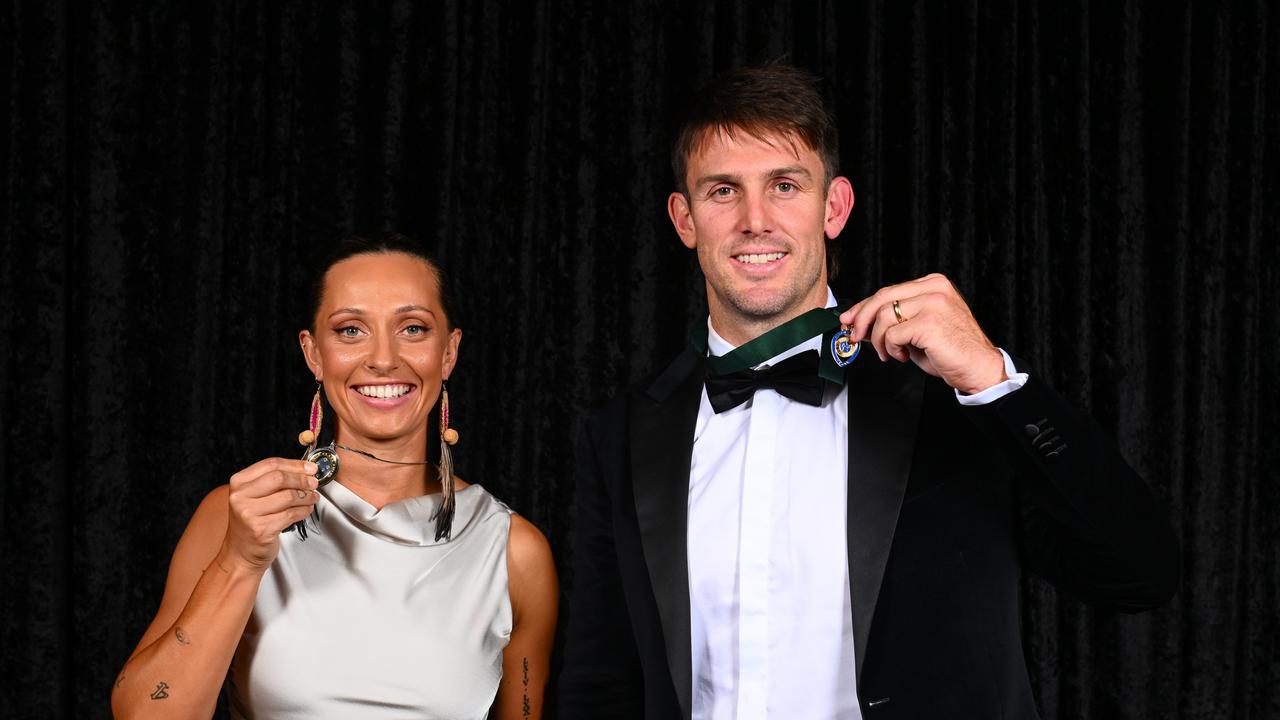 Ashleigh Gardner poses with the Belinda Clark Award and Mitch Marsh poses with the Allan Border Medal during the 2024 Cricket Australia Awards at Crown Palladium. (Photo by Morgan Hancock/Getty Images for Cricket Australia)