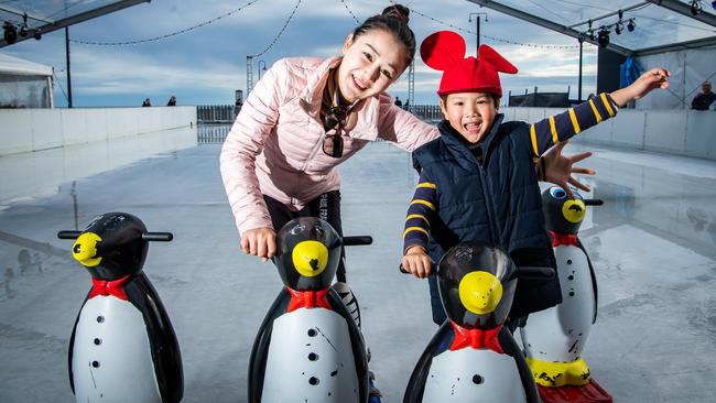 Apple Chou with Oscar, 5, from Campbelltown, enjoying ice skating at the Winter Alpine Festival, on July 13th, 2021, in Glenelg. Picture: Tom Huntley.