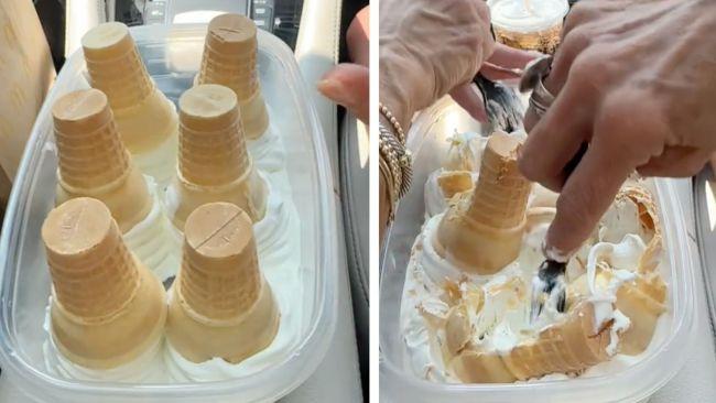 Order soft serve and mash the cones up. Image: TikTok / @janelle&kate