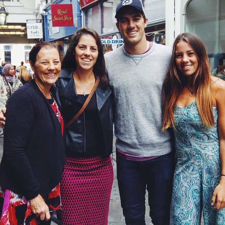 Pat Cummins with his mother Maria, left, and sisters in Cardiff in 2015.