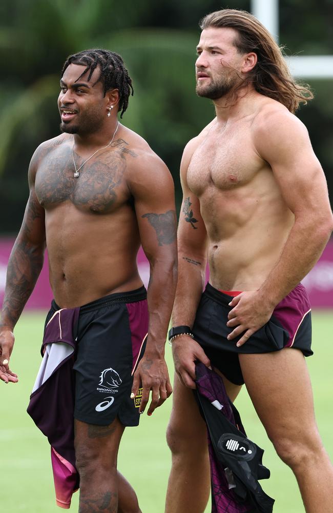 Ezra Mam and Patrick Carrigan at training with the Brisbane Broncos at Red Hill in Brisbane. Pics Adam Head