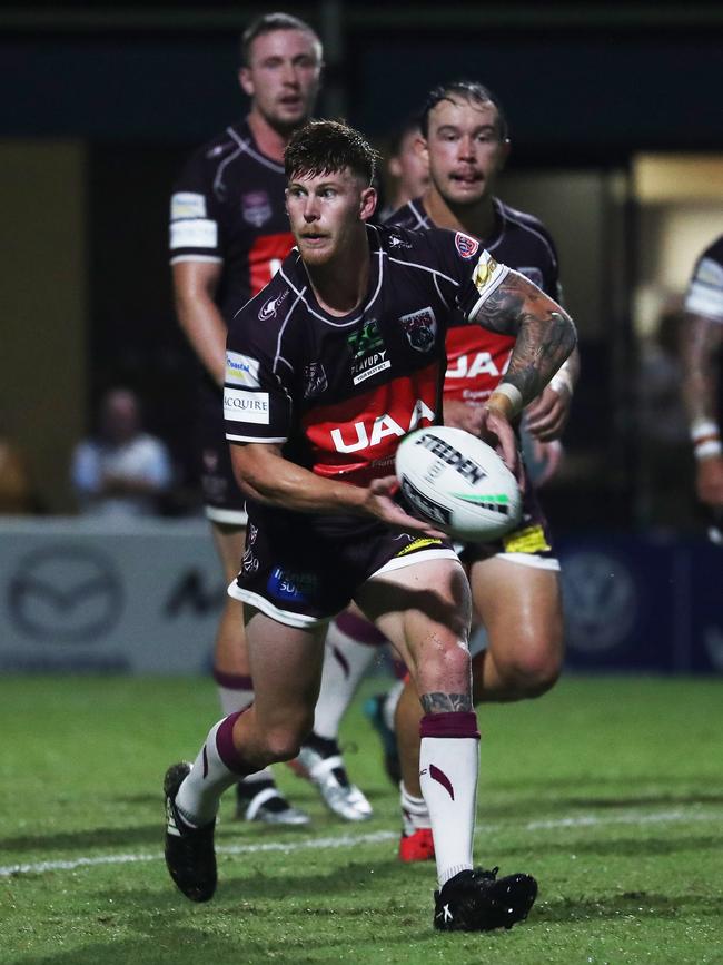 Burleigh Bears halfback Guy Hamilton looks to pass during a pre-season trial against Gold Coast Titans at Pizzey Park. February 20, 2021. Photo Jason O'Brien