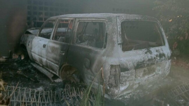 A burnt out car crashed into a home in Daly River during last week’s unrest.