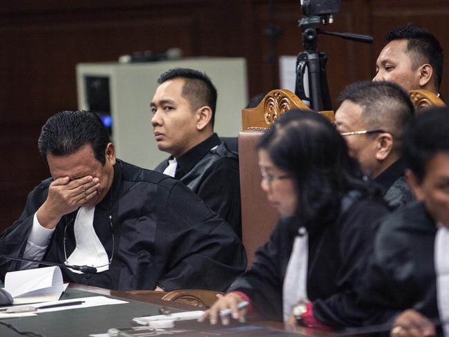 Jessica Kumala Wongso's lawyers react during her sentencing hearing at Central Jakarta District Court in Jakarta, Indonesia, Thursday, Oct. 27, 2016. Picture: AAP/Oscar Siagian