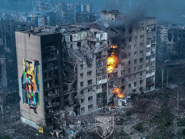 A burning apartment building in Bakhmut, Donetsk region, amid the Russian invasion of Ukraine. Picture: AFP