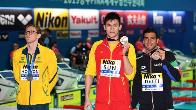 Mack Horton (L) refused to share the podium or be pictured alongside Sun Yang. Picture: AFP