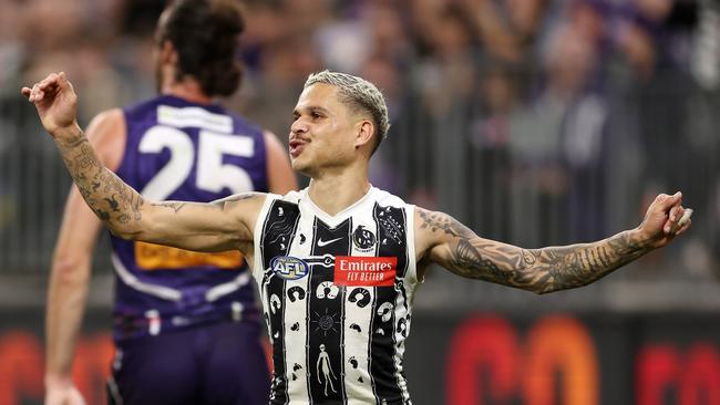 PERTH, AUSTRALIA - MAY 24: Bobby Hill of the Magpies celebrates after scoring a goal during the 2024 AFL Round 11 match between Walyalup (Fremantle) and the Collingwood Magpies at Optus Stadium on May 24, 2024 in Perth, Australia. (Photo by Will Russell/AFL Photos via Getty Images)