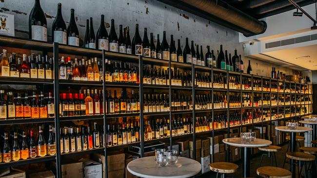 The wall of wine at Paski Vineria Popolare, an Italian wine bar and restaurant in Sydney’s inner-city Darlinghurst. Picture: Nikki To