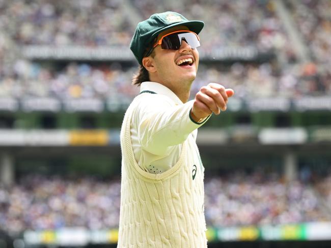 MELBOURNE, AUSTRALIA - DECEMBER 30: Sam Konstas of Australia gestures to the crowd during day five of the Men's Fourth Test Match in the series between Australia and India at Melbourne Cricket Ground on December 30, 2024 in Melbourne, Australia. (Photo by Quinn Rooney/Getty Images)