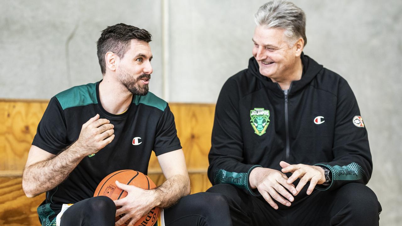 Jack Jumpers Guard Jarrad Weeks and Head Coach Scott Roth are shown during training at Kingston today. Picture Eddie Safarik