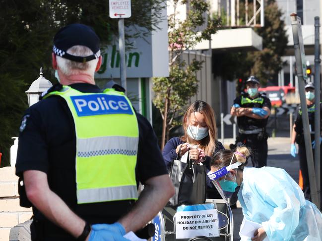 Police outside the Holiday in at Tullamarine Airport. Picture: NCA NewsWire/ David Crosling