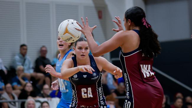 Kirra Pannenden passes the ball for the Queensland U19s last month. (Photo by May Bailey | Clusterpix Photography)