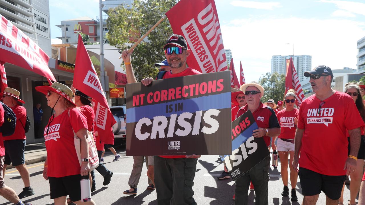 United Workers Union members marched through Darwin for the annual May Day march, celebrating union victories including the eight-hour work week, on Monday, May 5. Picture: Zizi Averill