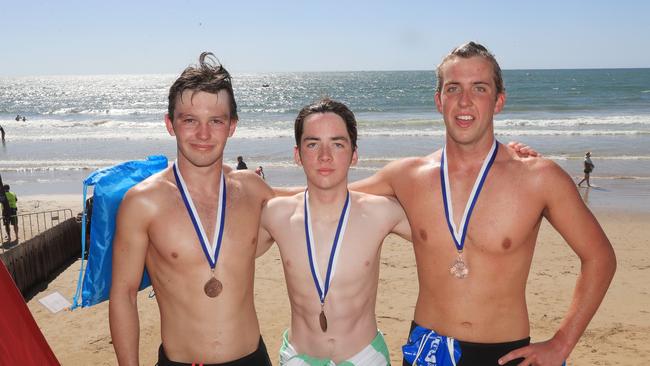 The place getters in the male 5km swim: Connor Hayes (2nd), 1st place Noah O’Donnell and 3rd place Jesse Phillips. Picture: Mark Wilson