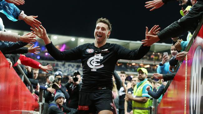 Dale Thomas farewells fans after playing his final game for Carlton. Picture: Michael Klein