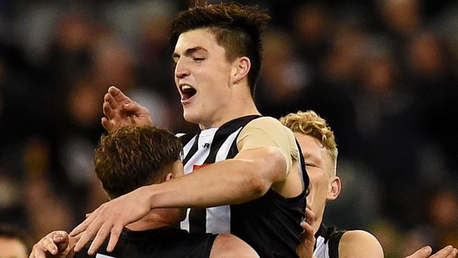 Brayden Maynard celebrates his final quarter goal. Photo: Tracey Nearmy