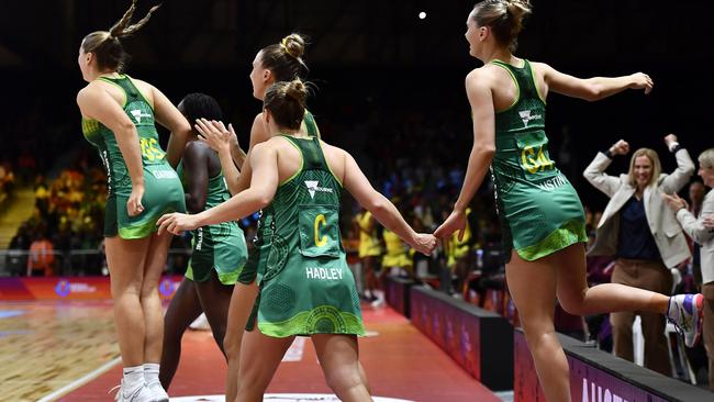 Australia players were happy to survive. Photo by Ashley Vlotman/Gallo Images/Netball World Cup 2023.