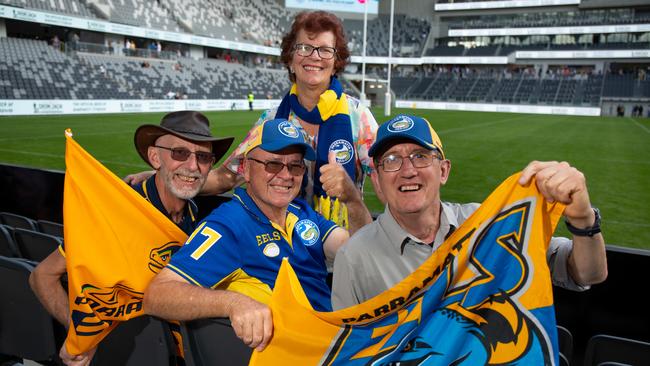 Eels supporters Stefan Jahn, Danny and Barbara Blakeney and Anthony Hastings at the Bankwest Stadium community open day on Sunday. Picture: AAP Image/Paul Braven 