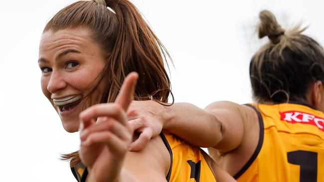 MELBOURNE, AUSTRALIA - OCTOBER 19: Aileen Gilroy of the Hawks celebrates a goal during the 2024 AFLW Round 08 match between the Hawthorn Hawks and the GWS Giants at Kinetic Stadium on October 19, 2024 in Melbourne, Australia. (Photo by Dylan Burns/AFL Photos via Getty Images)