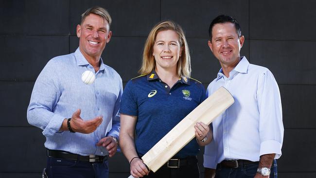 Warne, Alex Blackwell and Ricky Ponting at the announcement of the charity match.