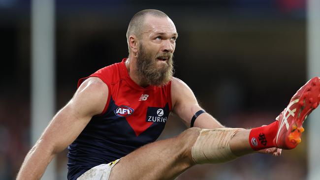 Melbourne captain Max Gawn kicks a goal. Picture: Michael Klein