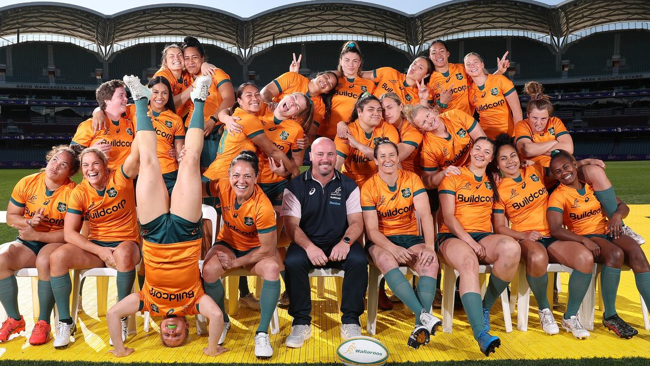 A very informal team photo of Australia's Wallaroos in Adelaide. Picture: Sarah Reed/Getty Images