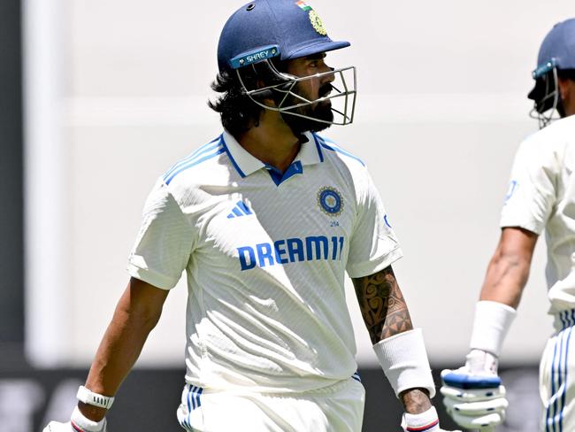 KL Rahul (L) was none-too-pleased with dismissal. Picture: Saeed Khan / AFP