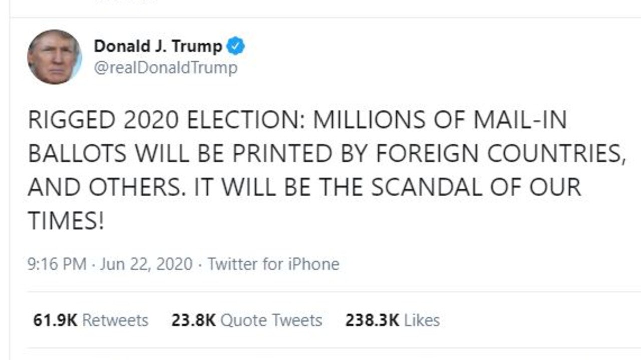 Donald Trump tweet about a potential mail voting scandal.