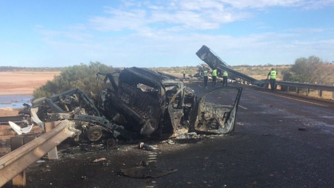 Horrific and confronting images from a head-on truck and ute collision at Wirraminna in the state’s Far North. Picture: Mike Lorigan/Channel 9