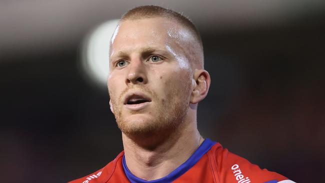 NEWCASTLE, AUSTRALIA - APRIL 16: Mitch Barnett of the Knights looks on during the round six NRL match between the Newcastle Knights and the Cronulla Sharks at McDonald Jones Stadium, on April 16, 2021, in Newcastle, Australia. (Photo by Ashley Feder/Getty Images)