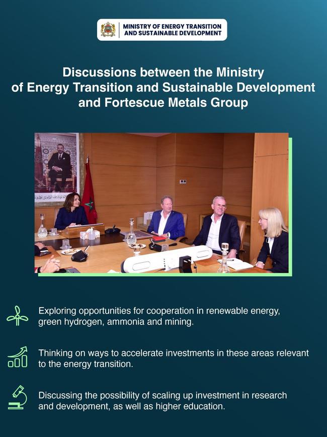 Leila Benali, Morocco's Energy Transition Minister pictured with Fortescue chairman Andrew Forrest at a meeting in Rabat, Morocco.