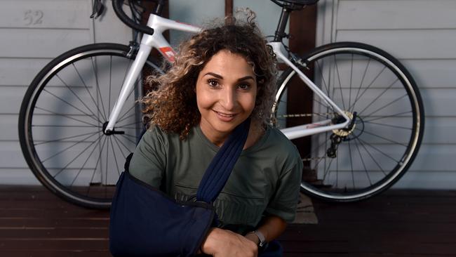 Michelle Andersen crashed her bike and broke bones after being attacked by a magpie in the CBD. Picture: Evan Morgan