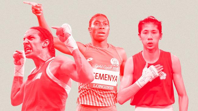 (L-R) Algerian boxer Imane Khelif, South African middle-distance runner Caster Semenya, Taiwanese boxer Lin Yu Ting.