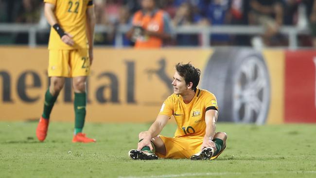 Robbie Kruse of the Socceroos looks dejected after a 2-2 draw in the 2018 FIFA World Cup Qualifier match against Thailand.