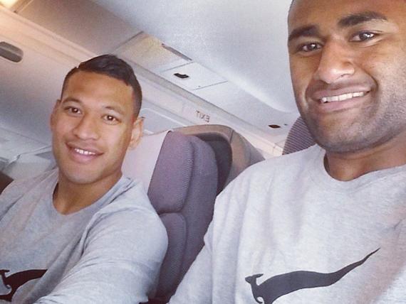 Wallabies Israel Folau and Tevita Kuridrani wearing Qantas business class pyjamas in 2015. Picture:Instagram