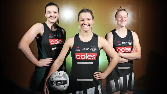 NETBALL: Tasmanian Magpie players (L-R) Emma Johns, Ashleigh Probert-Hill and Zanna Jodlowska Picture: LUKE BOWDEN