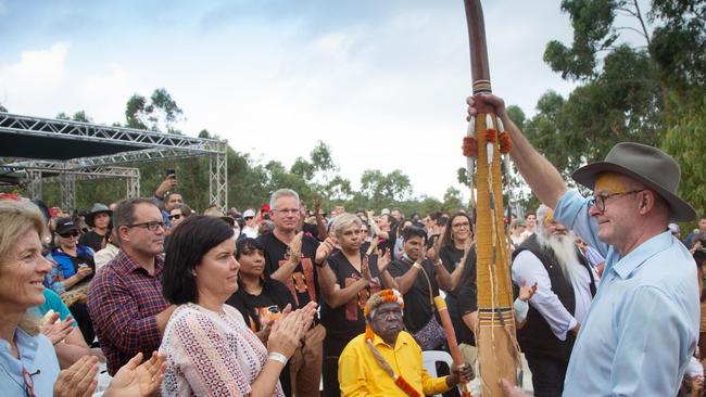 GARMA opening ceremony this evening. Gumatj clan dancers perform bunggul (ceremonial dance) for the PM Anthony Albanese, before presenting him with a Bathi. Picture: Melanie Faith Dove.