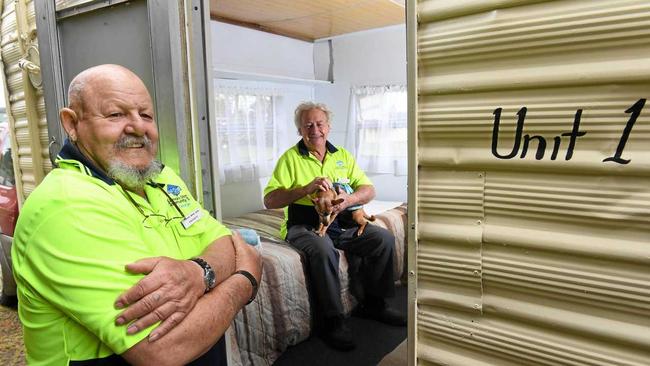 GOODFELLAS: Lismore Men & Community Shed president George Sparnon and shed co-ordinator Ian Bottrell are thrilled to have completed a caravan for veterans who needs a place to stay. Picture: Marc Stapelberg