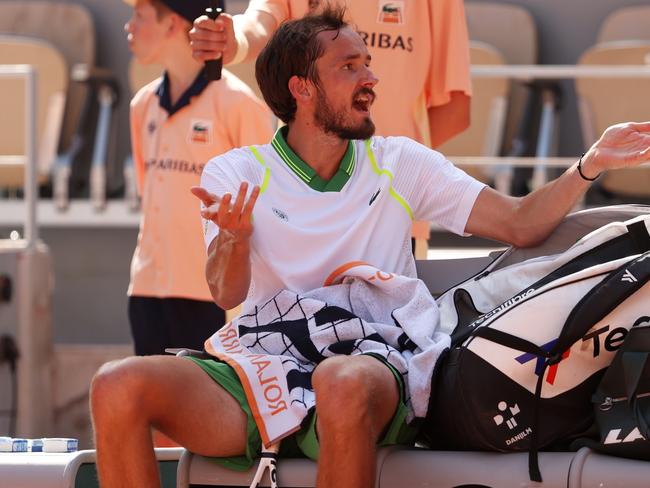 PARIS, FRANCE - MAY 30: Daniil Medvedev reacts during a changeover against Thiago Seyboth Wild of Brazil during their Men's Singles First Round Match on Day Three of the 2023 French Open at Roland Garros on May 30, 2023 in Paris, France. (Photo by Julian Finney/Getty Images)